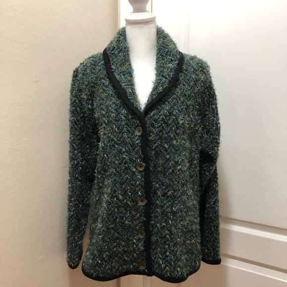 Sarah Spencer Sweaters - Sarah Spencer Sweater, Multi color with black trim. Brown buttons. Shoulder pads
